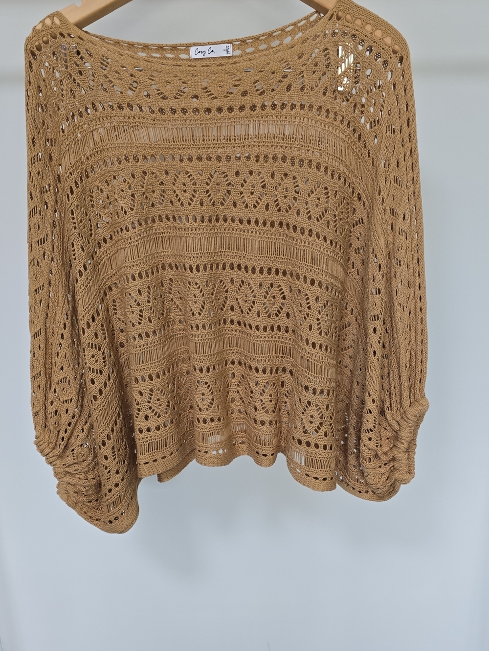 Cozy Casual Tan Open-Knit Scoop Neck Crochet Sweater